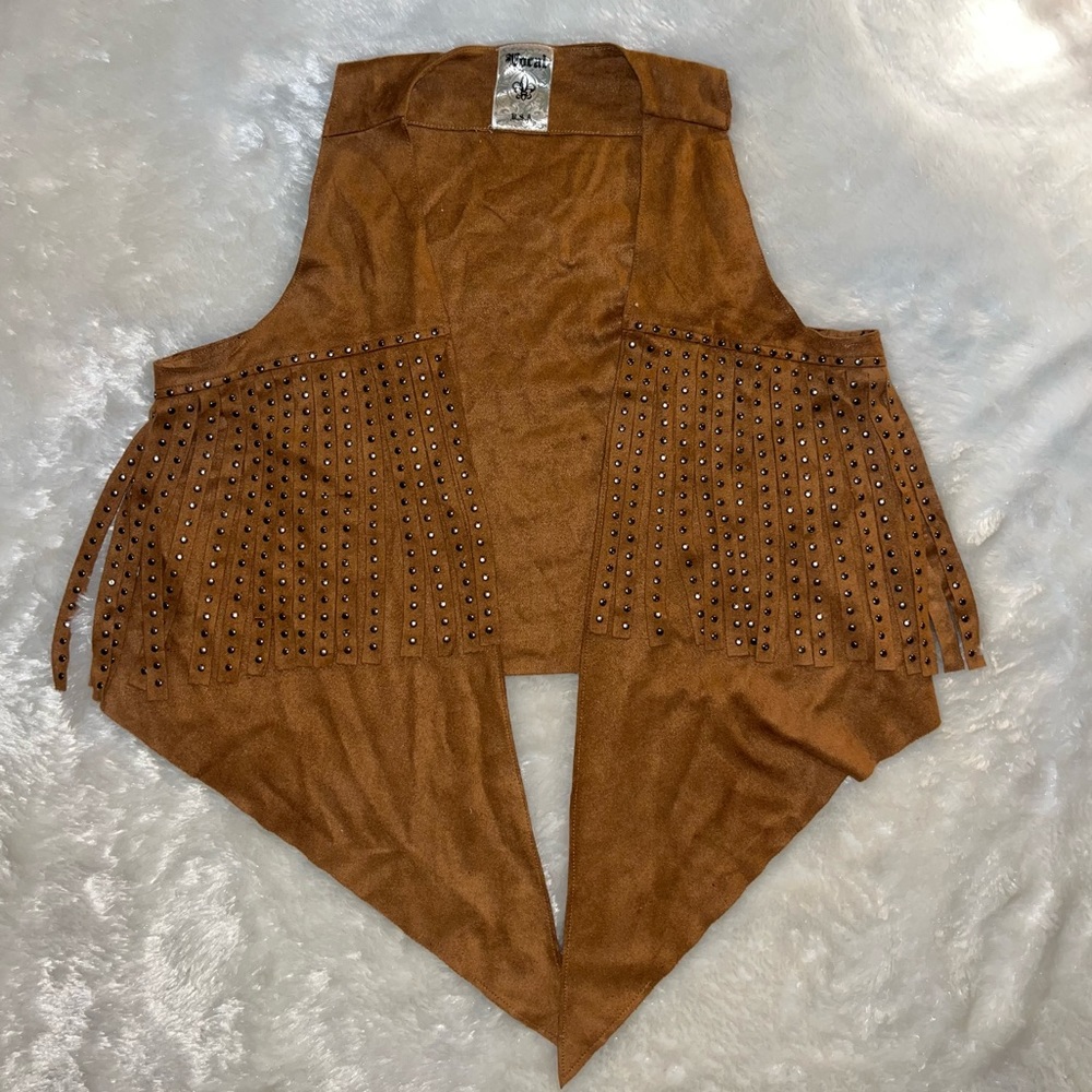 Vocal Faux Suede Studded Fringe Vest